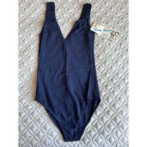 Vintage Body Basics Navy Blue V-Neck Dance Leotard Bodysuit Small NWT